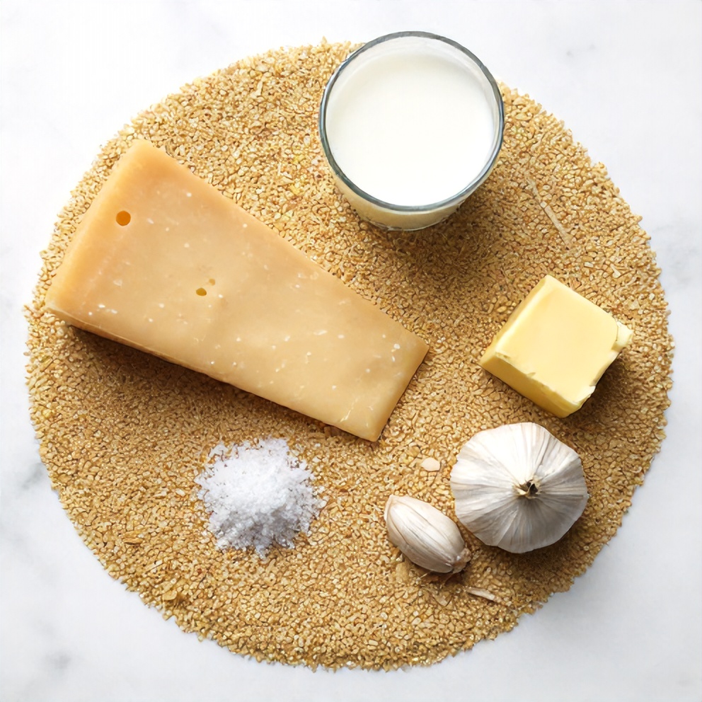 Raw ingredients for Gouda Grits arranged in an overhead flat lay: grits, Gouda cheese, butter, milk, salt, pepper, and garlic, on a white marble surface.