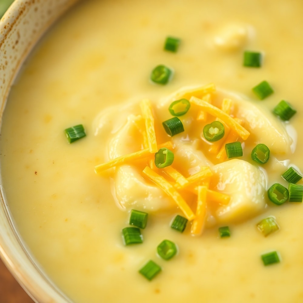Bowl of creamy potato soup with green onions and shredded cheese