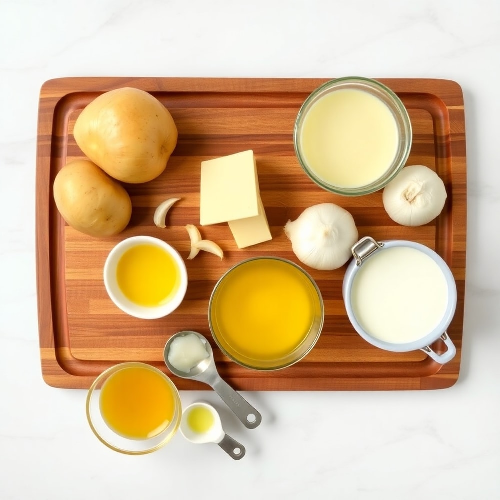 Potatoes, onions, garlic, butter, milk, and cheese arranged on a wooden board