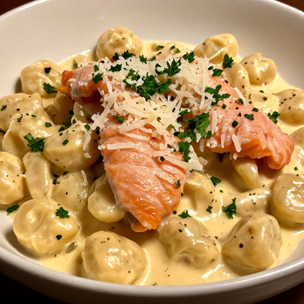 Plated Creamy Smoked Salmon Gnocchi with fresh parsley