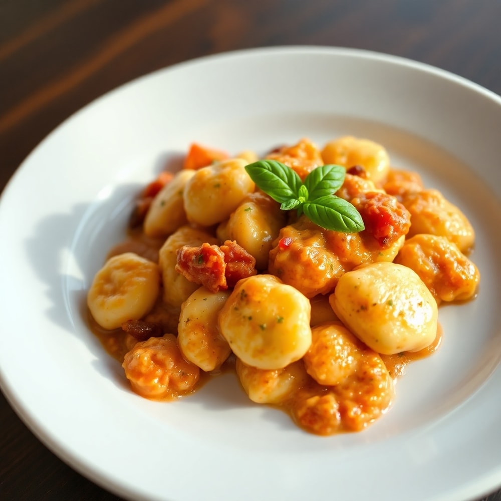 Plated Creamy Sundried Tomato Gnocchi with basil