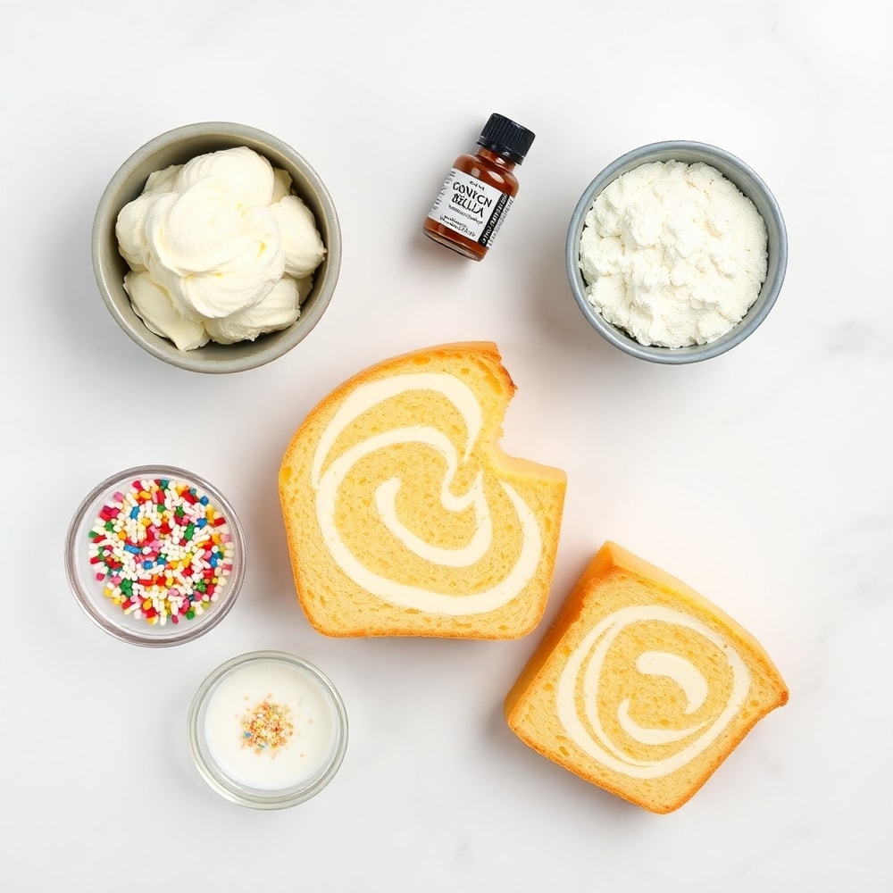 Ingredients for Creamy Swirl Ice Cream Bread on a marble surface