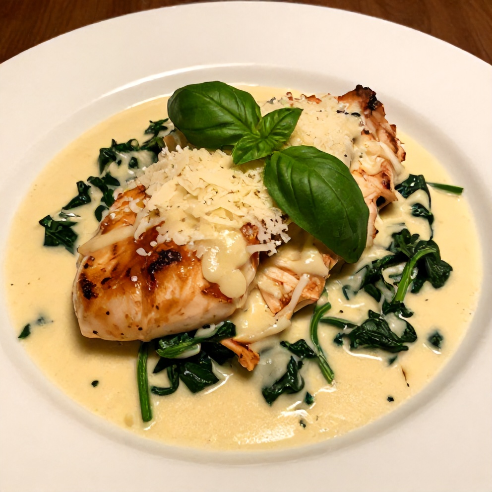 Plated Creamy Tuscan Chicken with Spinach garnished with fresh basil