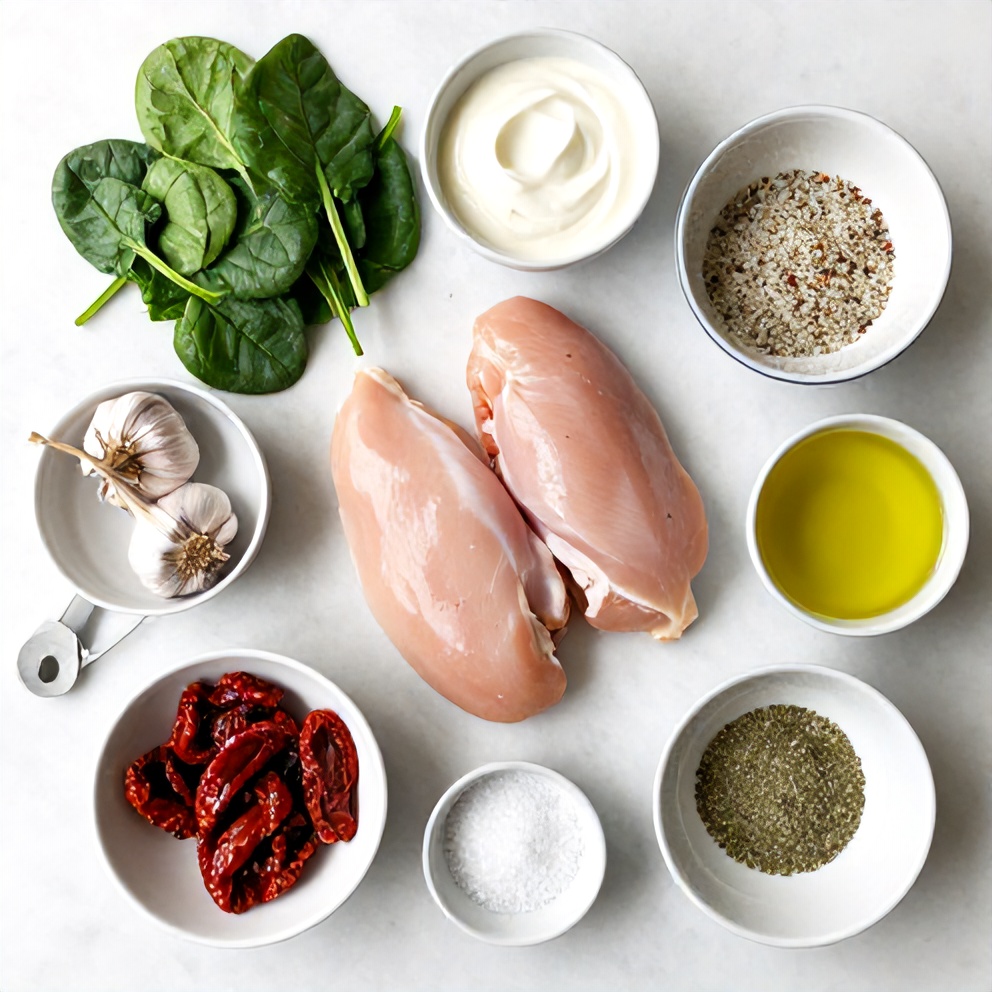 Raw ingredients for Creamy Tuscan Chicken with Spinach on a marble surface