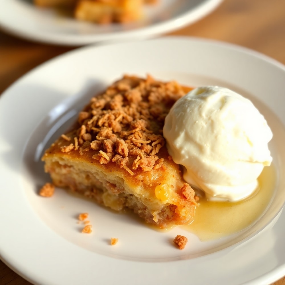 Plated serving of Amish Cinnamon Flop with a scoop of vanilla ice cream
