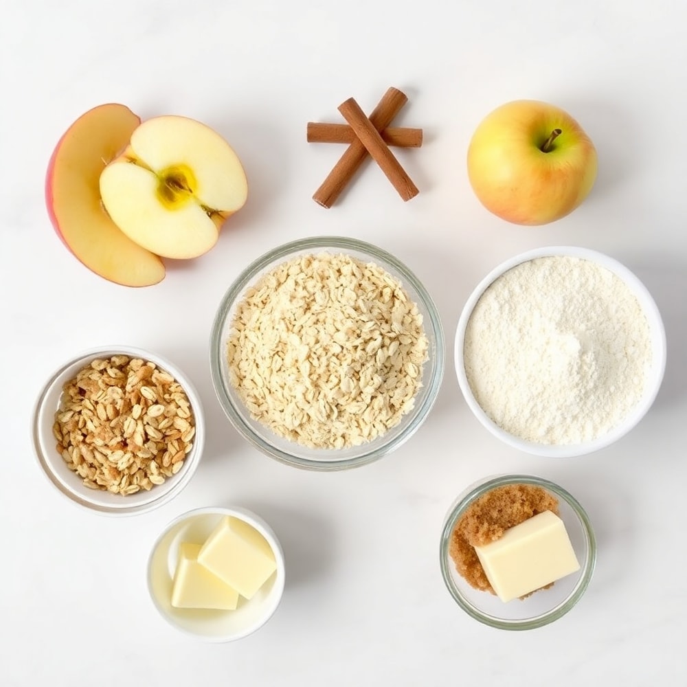 Raw ingredients for Amish Cinnamon Flop including apples, cinnamon, flour, and oats