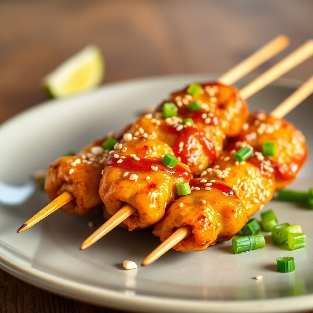 Plated Bang Bang Chicken Skewers with garnish