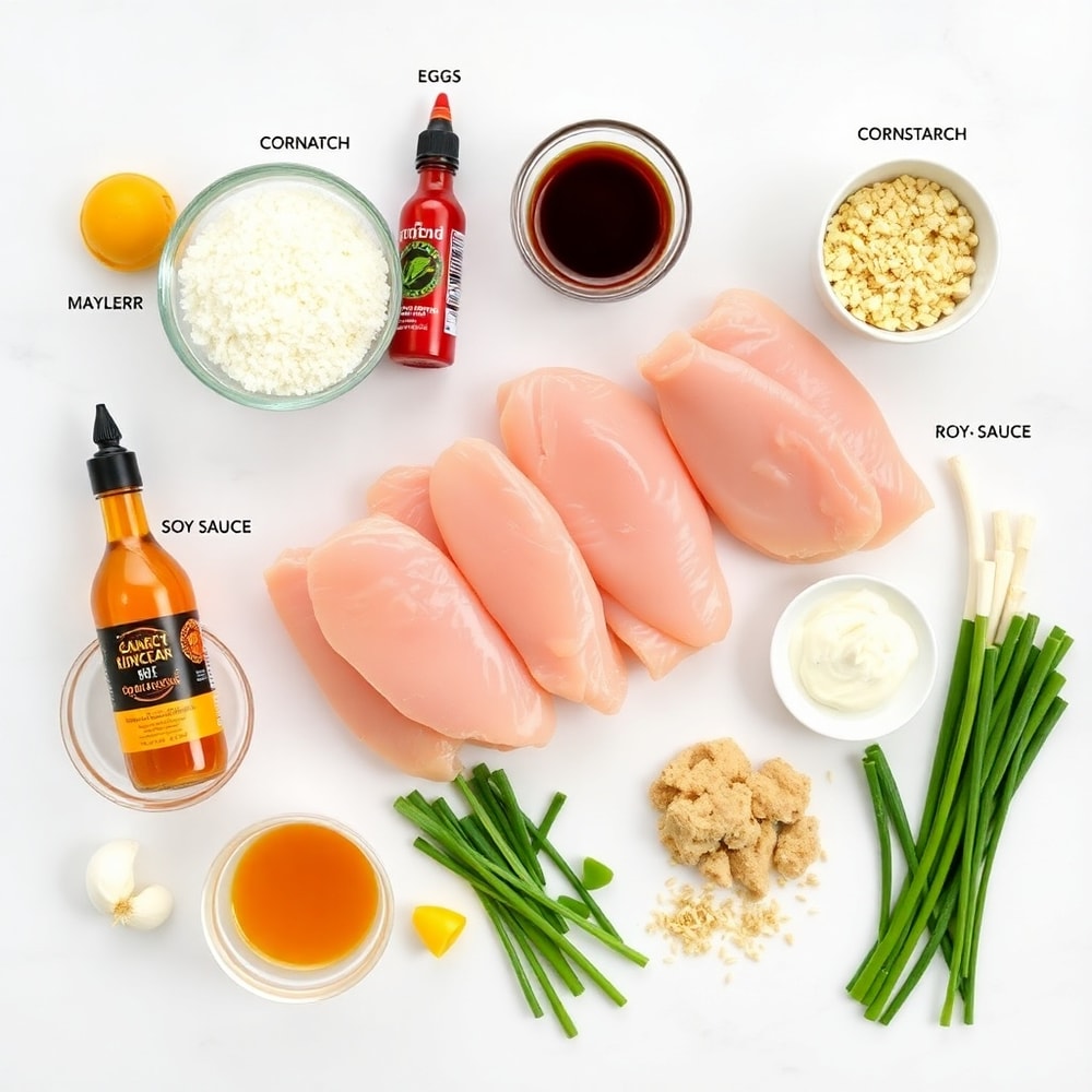 Raw ingredients for Bang Bang Chicken Skewers