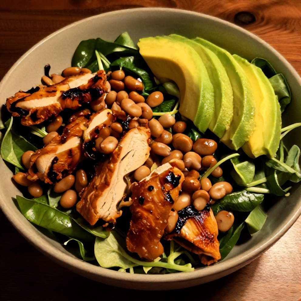 Plated BBQ Chicken and Bean Salad with avocado slices