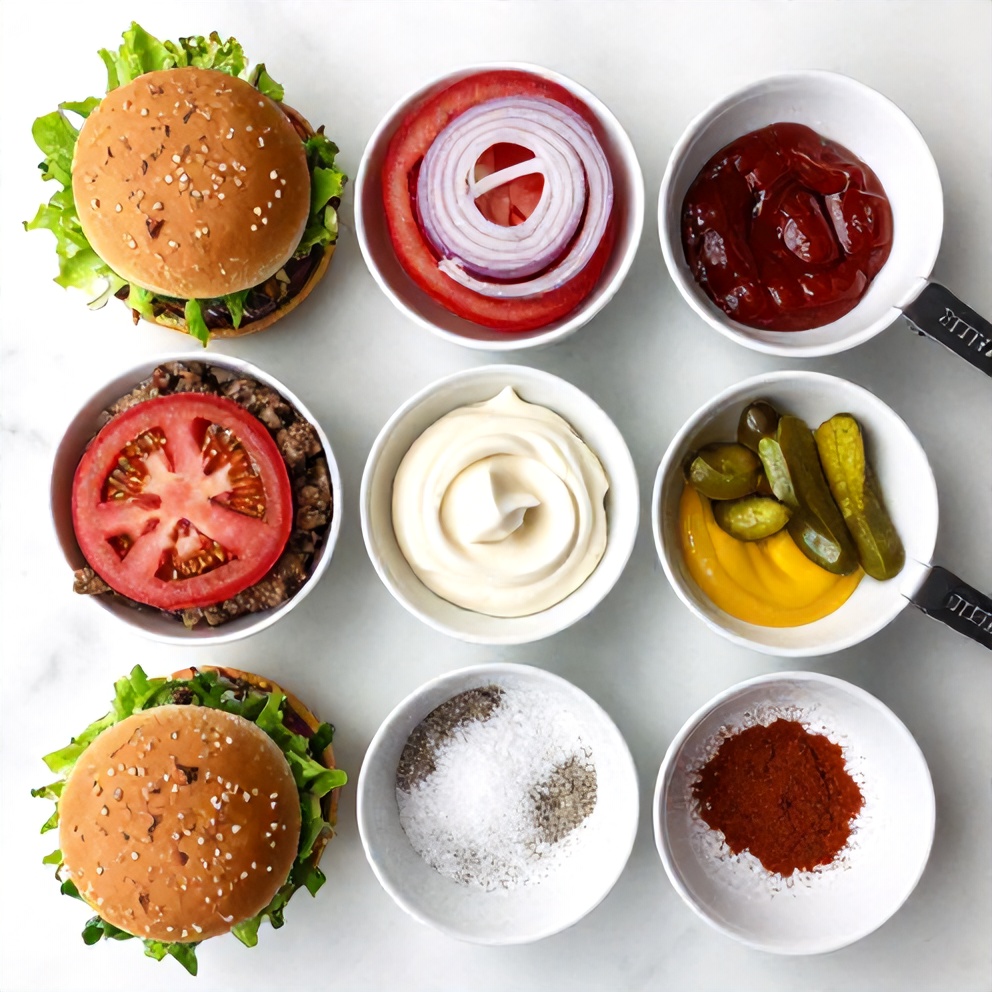 Raw ingredients for Big Mac Bowls on a marble surface