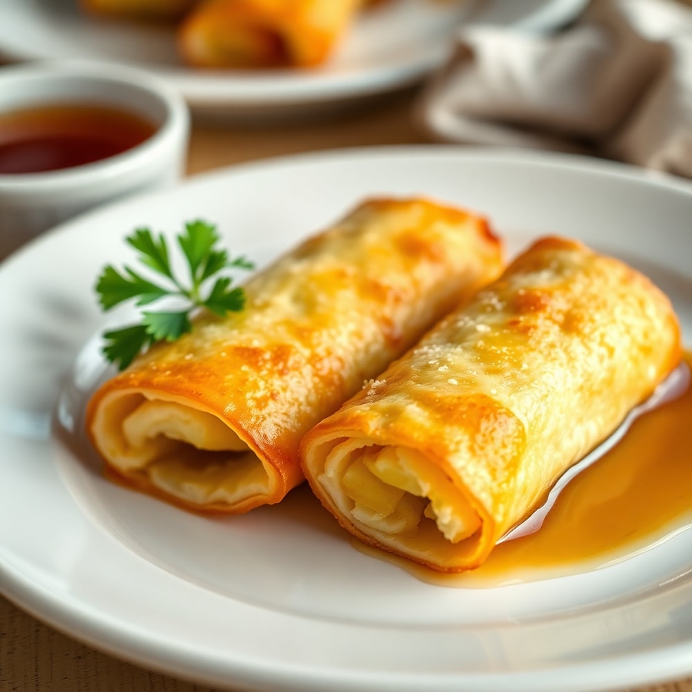 Plated breakfast egg rolls with a side of syrup
