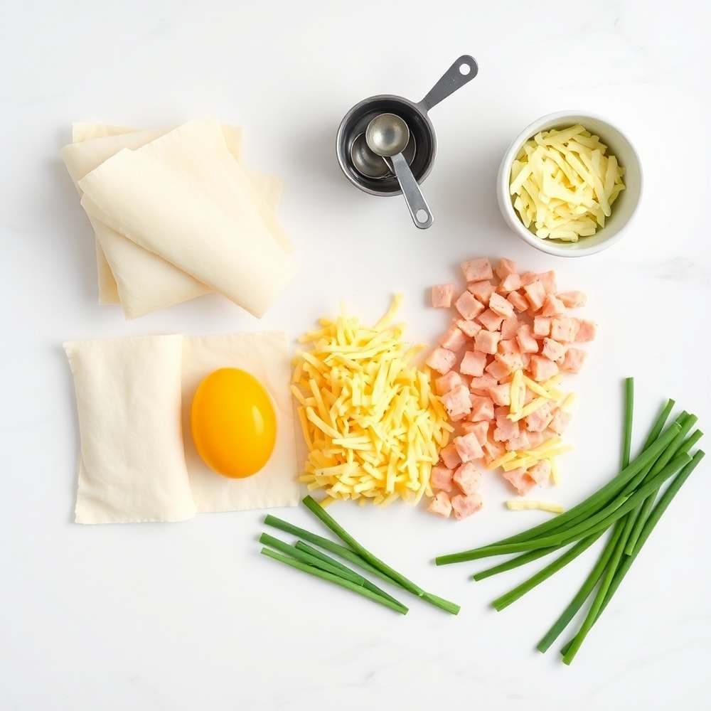 Raw ingredients for breakfast egg rolls on a marble surface
