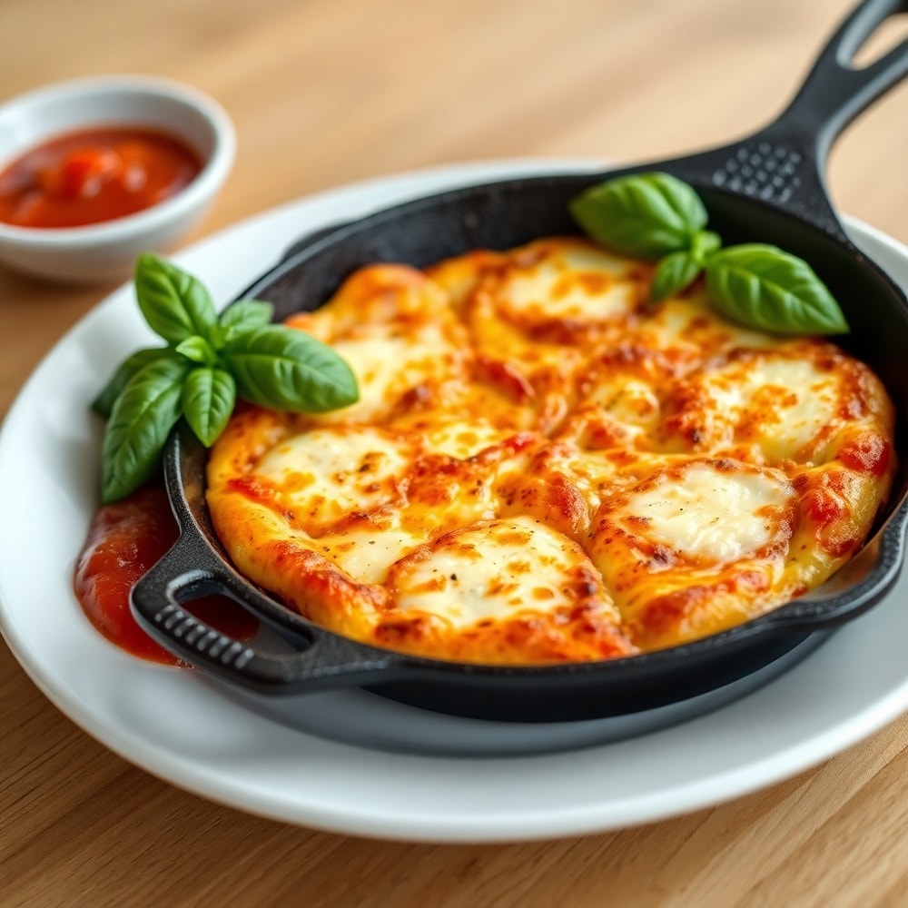 Plated Crispy Cast Iron Skillet Pizza with fresh basil and a side of marinara