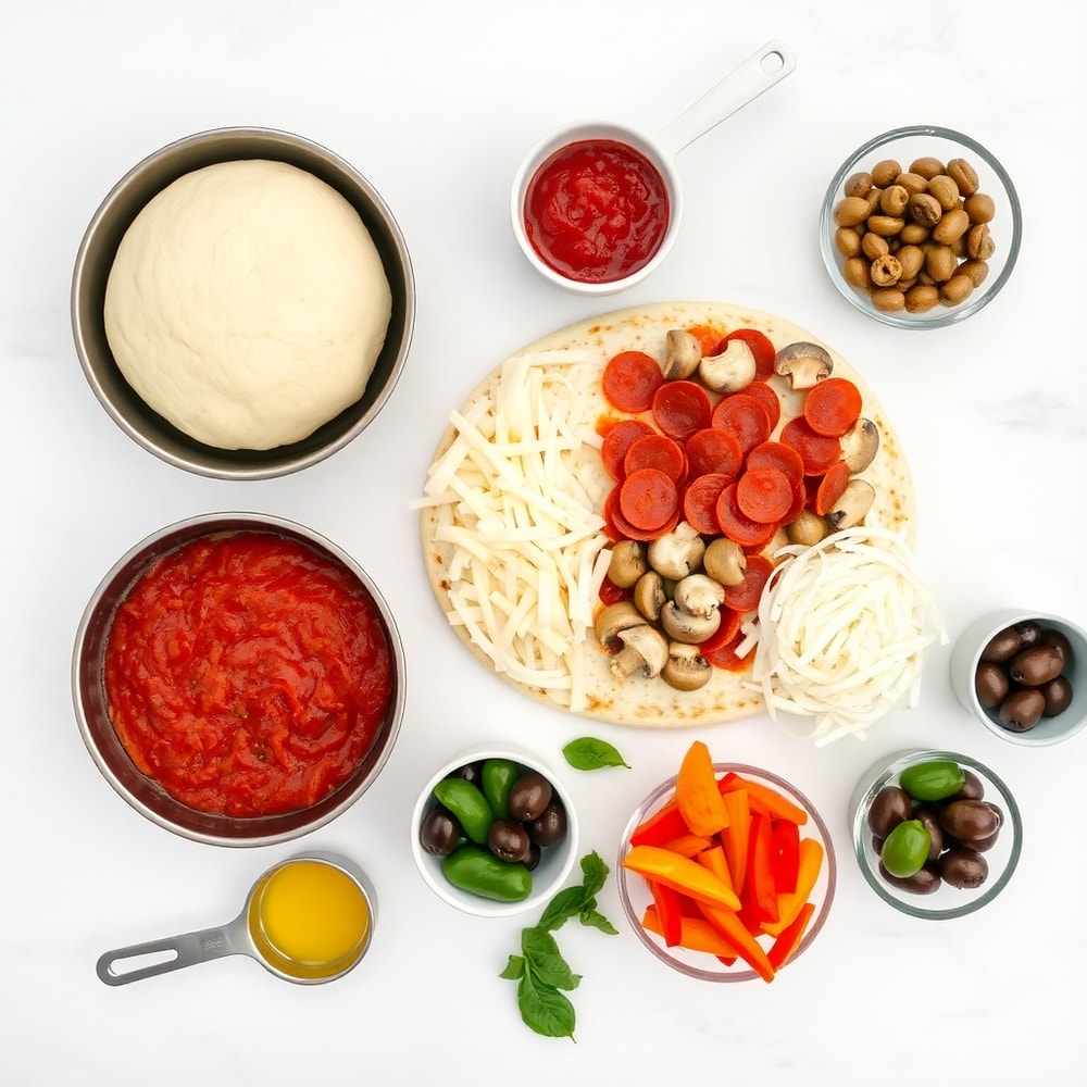 Raw ingredients for Crispy Cast Iron Skillet Pizza on a wooden surface