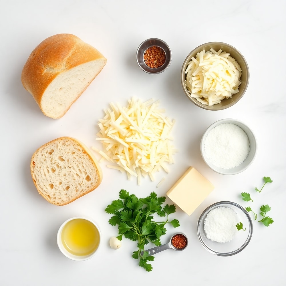 Ingredients for cheese bread on a marble counter