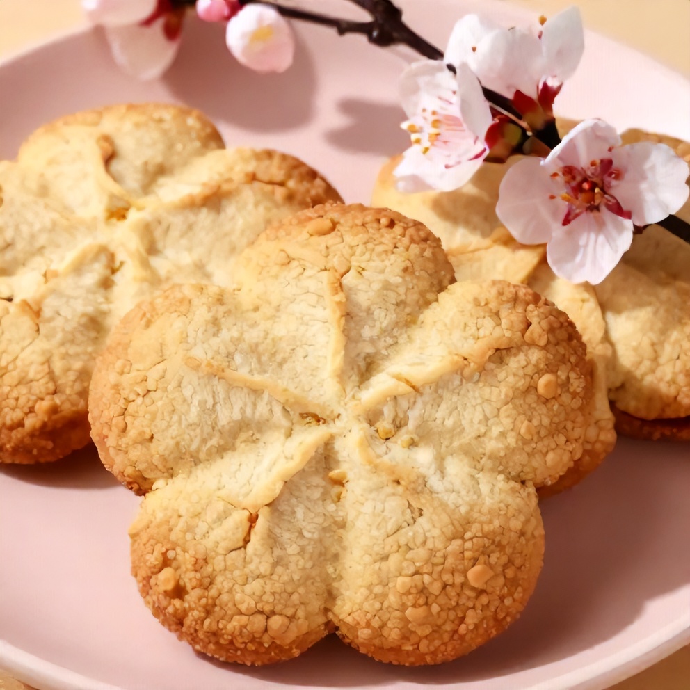 Cherry Blossom Cookies on a pink plate with a cherry blossom branch