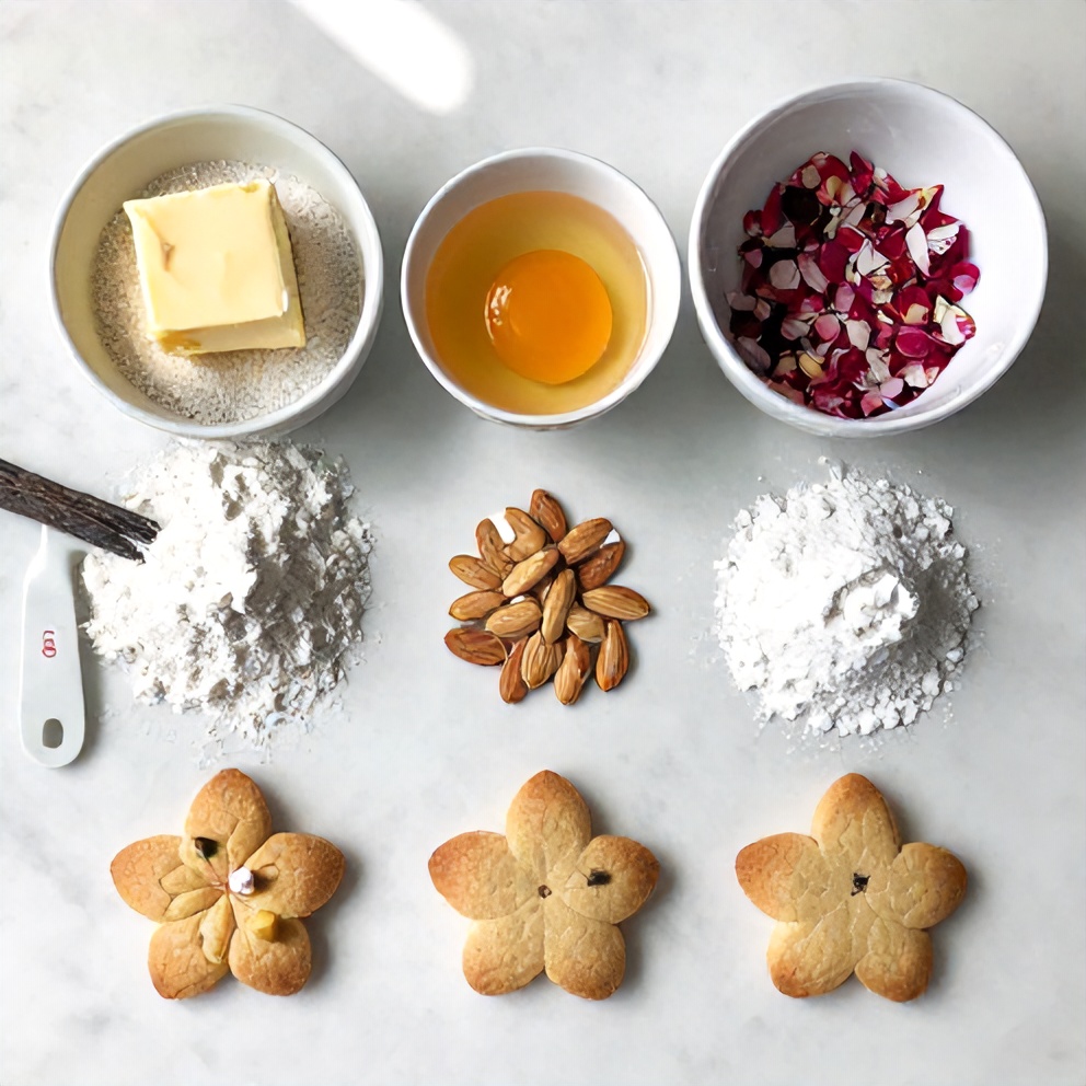 All ingredients for Cherry Blossom Cookies arranged on a marble surface