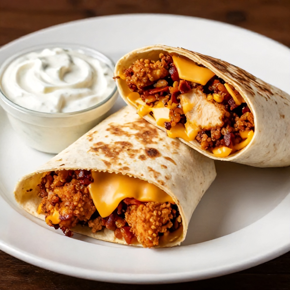Crispy Chicken Bacon Ranch Wrap on a plate with a side of ranch dressing
