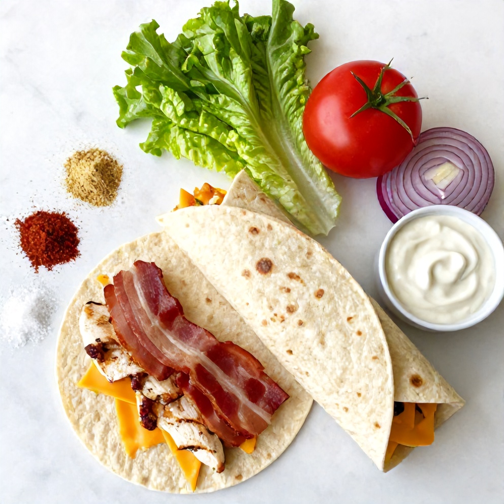 Raw ingredients for Crispy Chicken Bacon Ranch Wrap on a marble surface