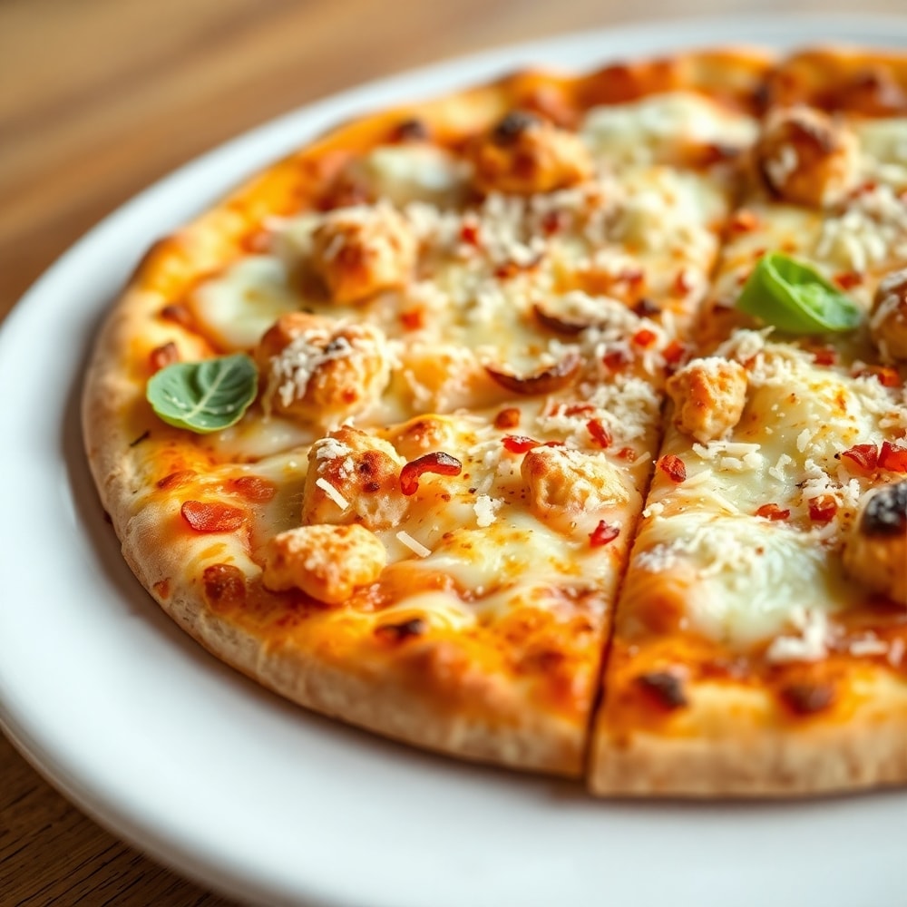 Plated Chicken Caesar Salad Pizza with a fork and knife