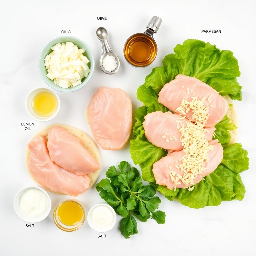 Raw ingredients for Chicken Caesar Salad Pizza on a marble surface