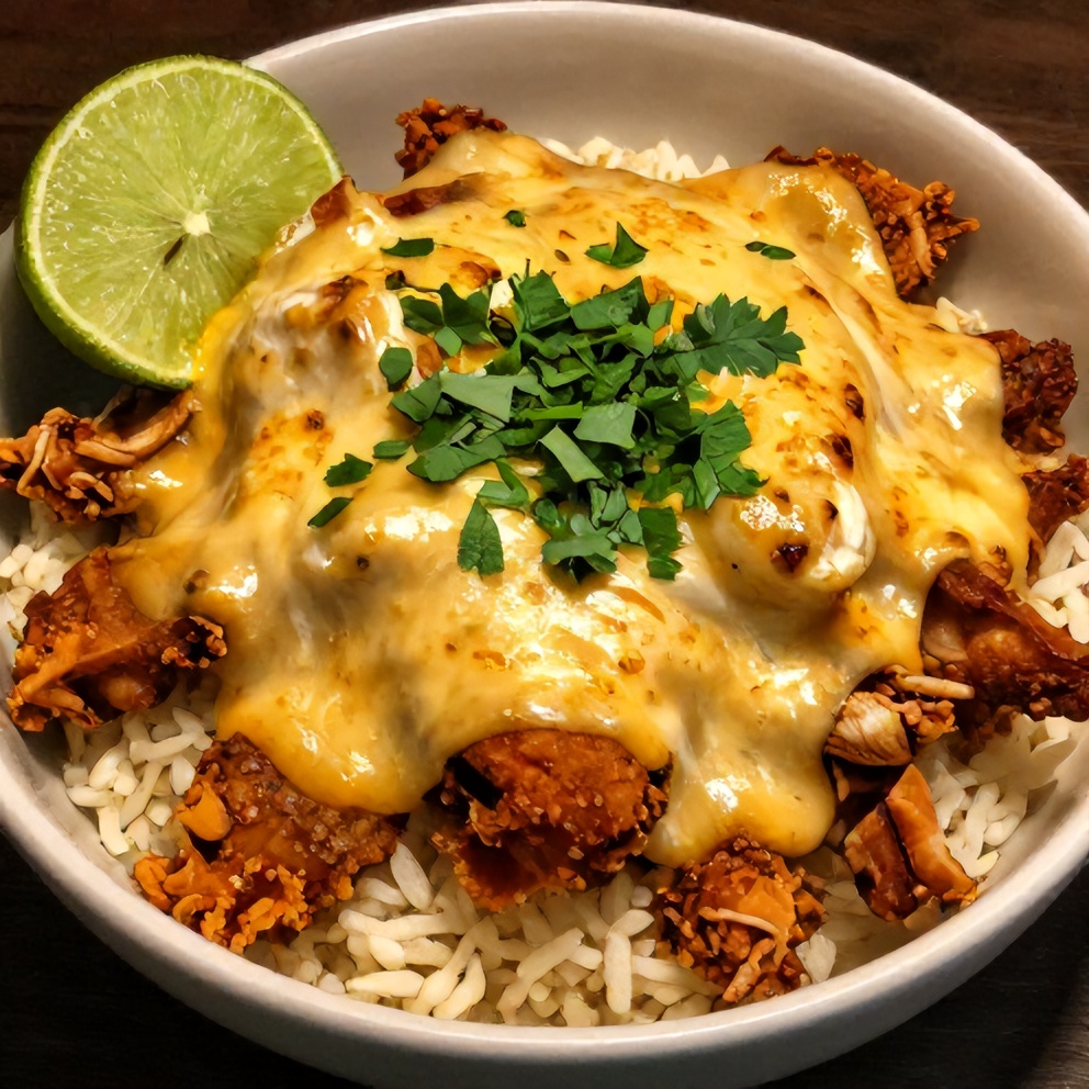Crispy Chicken Enchilada Bowls plated with avocado and lime