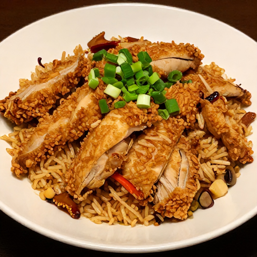 Plated crispy chicken rice bowl with a garnish of green onions