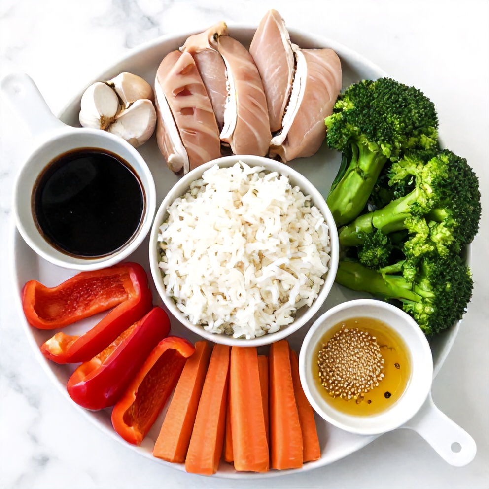 Raw ingredients for crispy chicken rice bowl on a marble surface