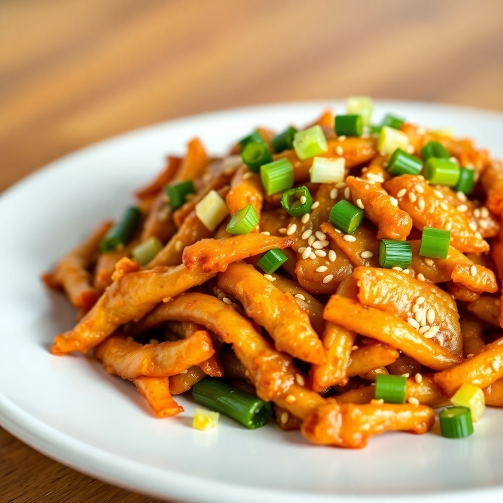 Plated Crispy Cowboy Stir Fry with green onions and sesame seeds