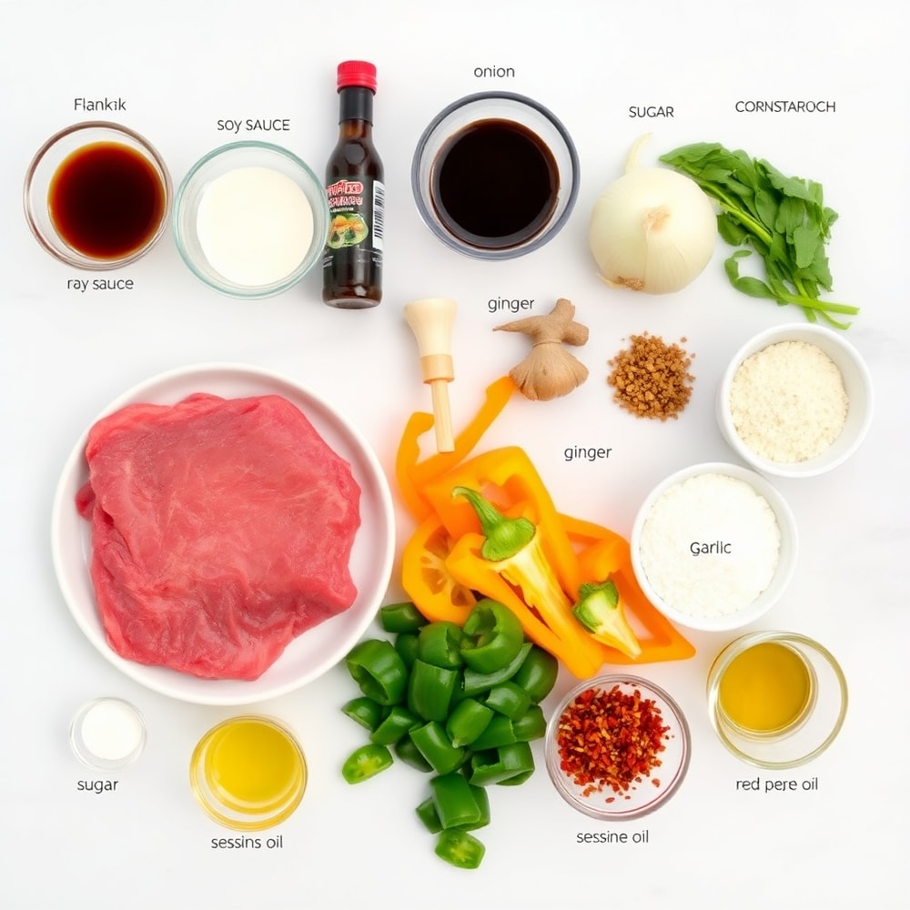 Raw ingredients for Crispy Cowboy Stir Fry on marble surface