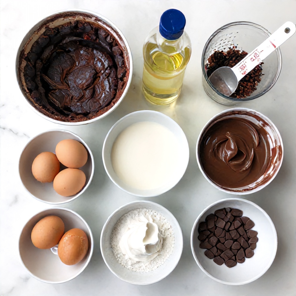 Raw ingredients for Death by Chocolate Poke Cake including chocolate cake mix, pudding mix, milk, and chocolate chips