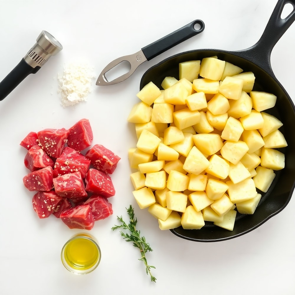 Raw Ingredients for Garlic Butter Steak Bites and Potatoes