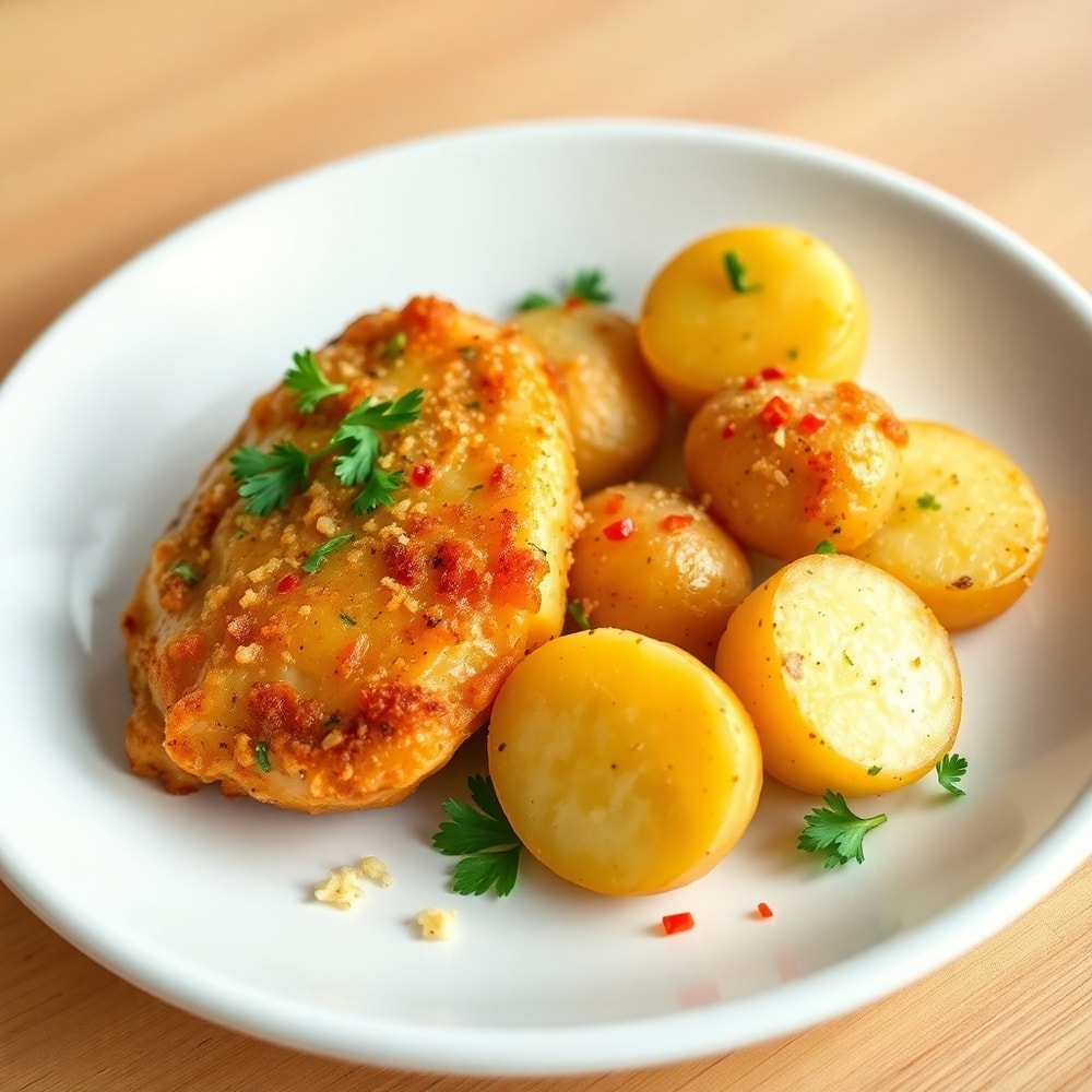 Plated Garlic Parmesan Chicken and Potatoes