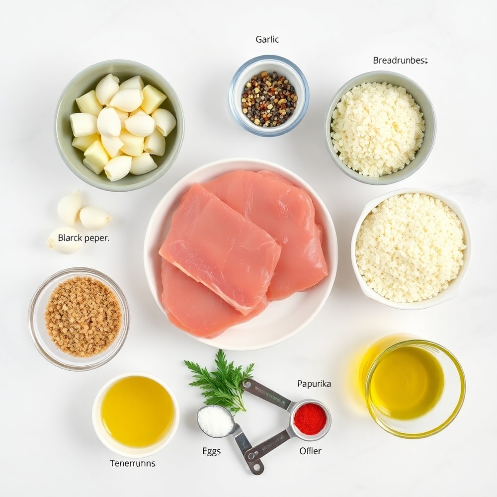 Raw ingredients for Garlic Pork Bites on a white marble surface