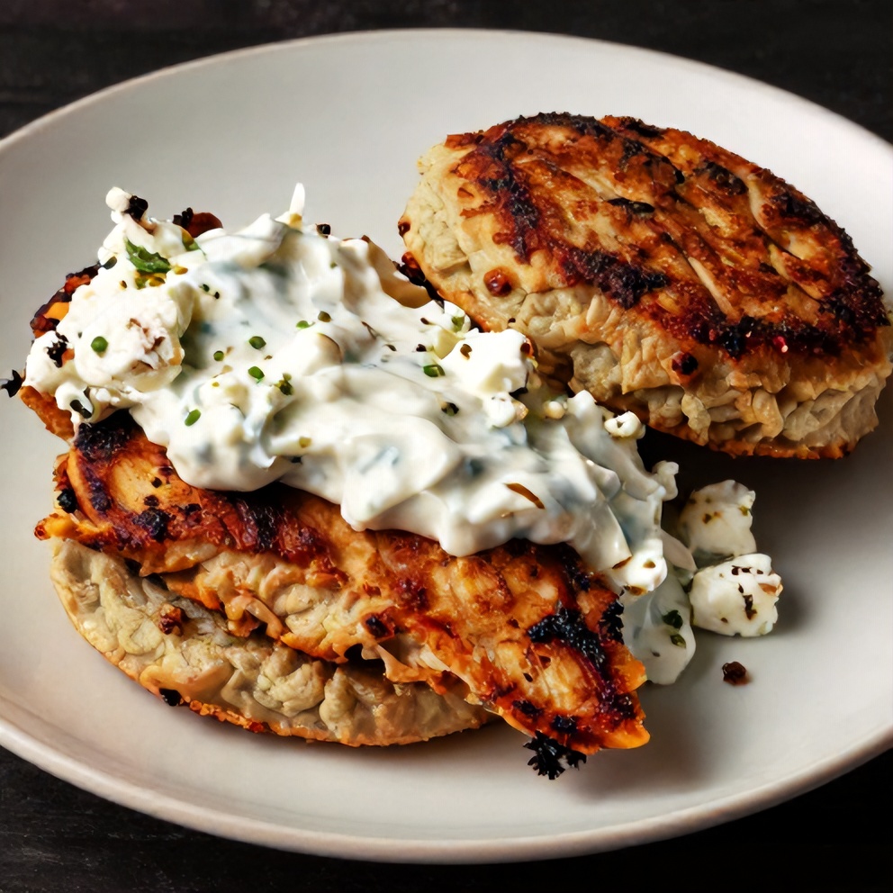 Plated Greek-Style Chicken Burgers with feta and tzatziki