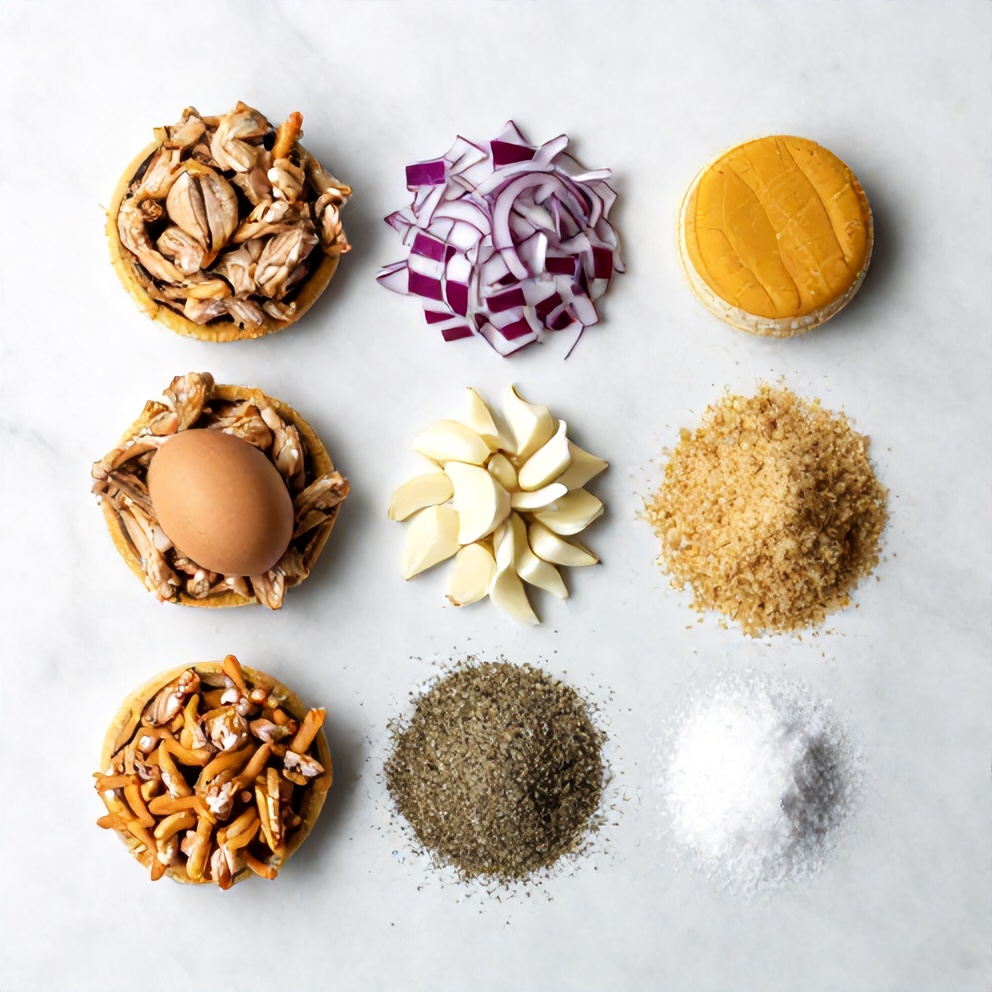 Raw ingredients for Greek-Style Chicken Burgers including chicken, feta, and tzatziki