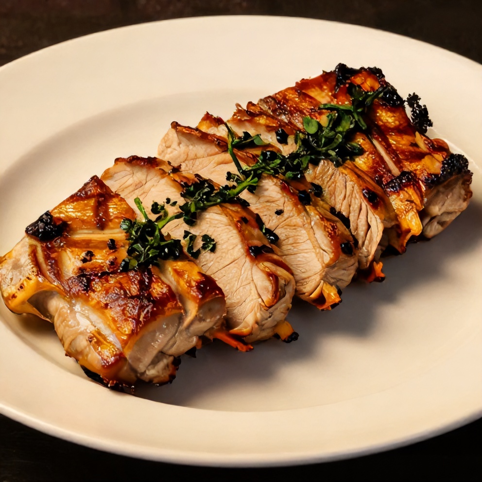 Plated grilled pork tenderloin with herbs