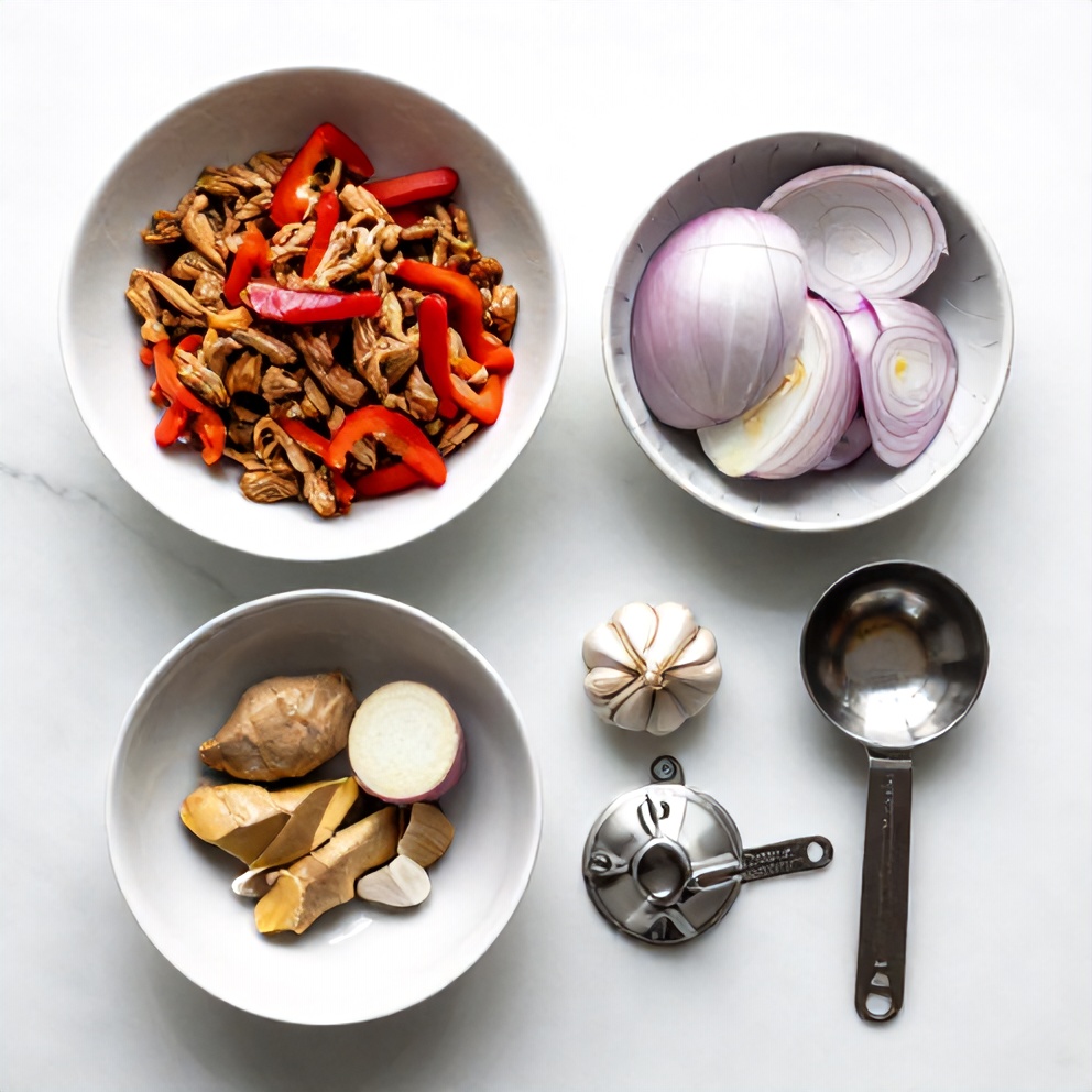 Raw ingredients for crispy ground chicken stir-fry
