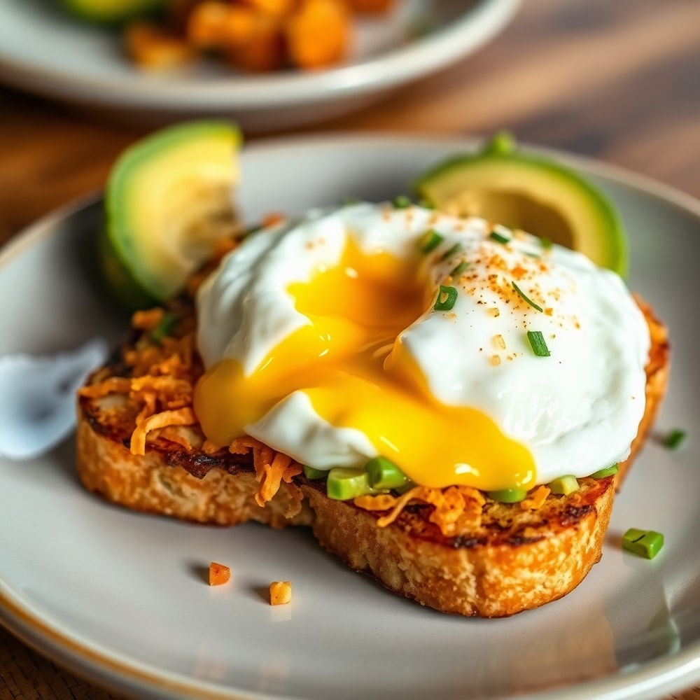 Plated crispy hash brown avocado toast with a poached egg