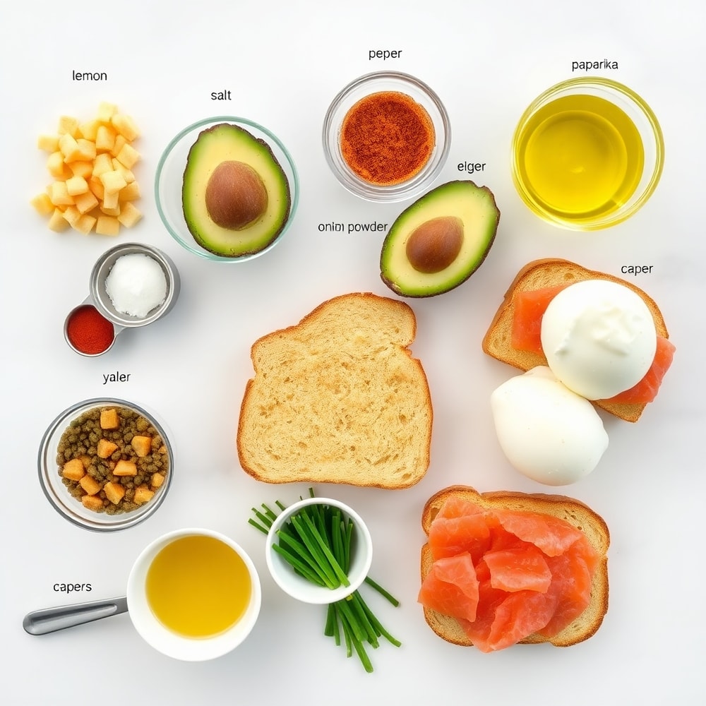 Raw ingredients for hash brown avocado toast on a marble surface