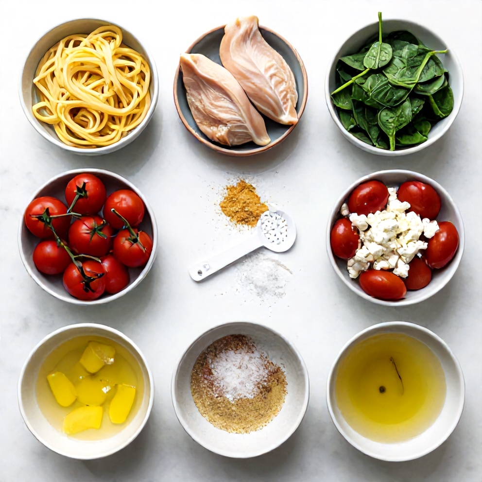 Raw ingredients for chicken orzo recipe on a marble surface