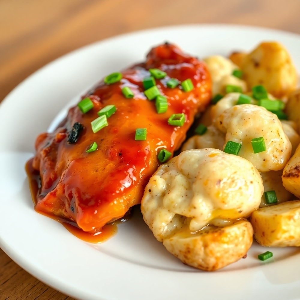Plated Honey BBQ Chicken with Creamy Garlic Parmesan Potatoes