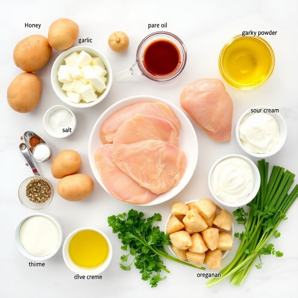Raw Ingredients for Honey BBQ Chicken and Creamy Garlic Parmesan Potatoes
