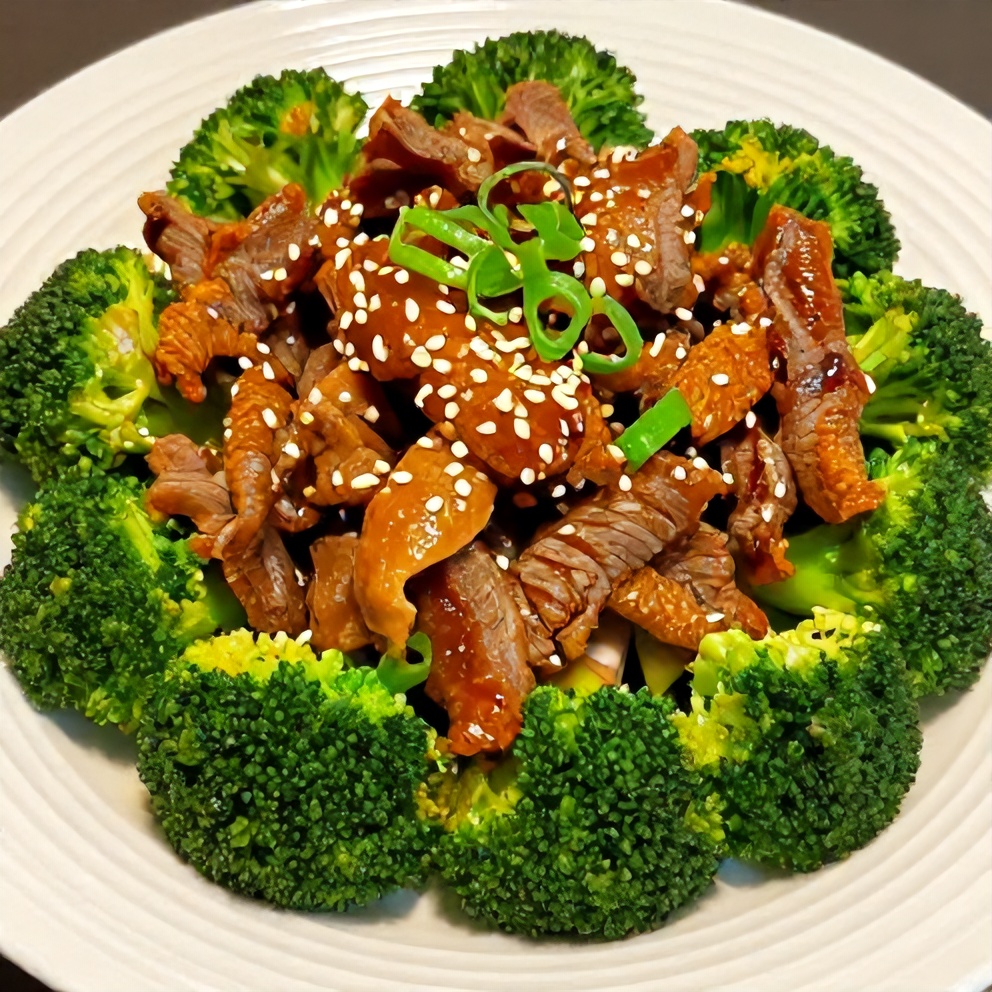 Plated crispy honey garlic beef with steamed broccoli