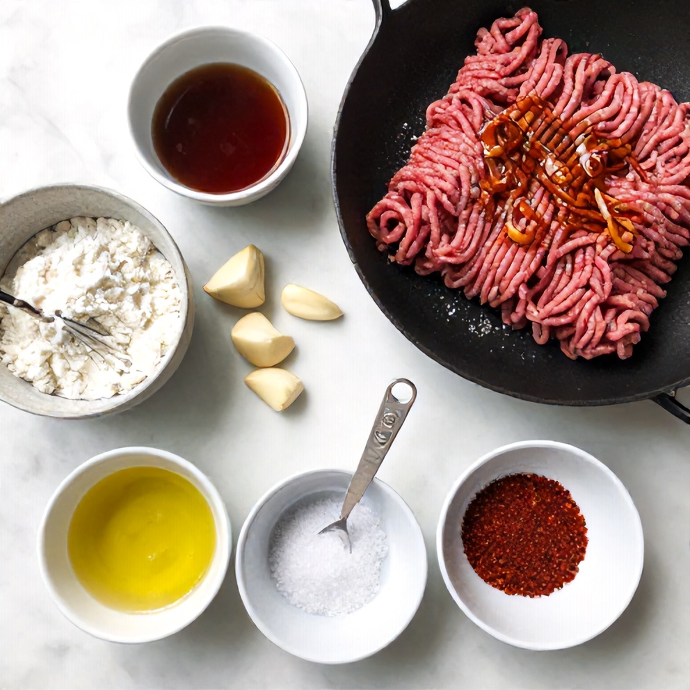 Raw ingredients for crispy honey garlic beef laid out