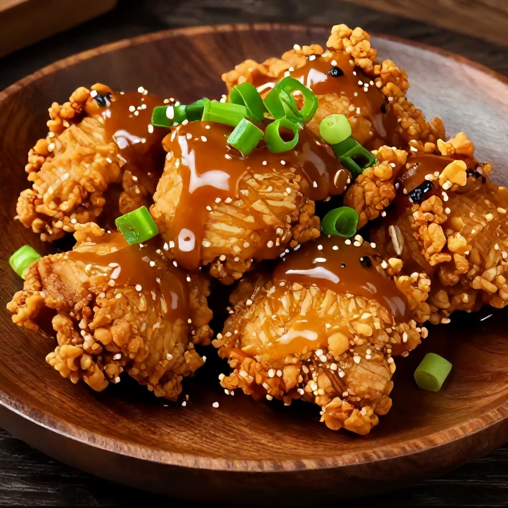 Plated Crispy Honey Garlic Chicken with green onions