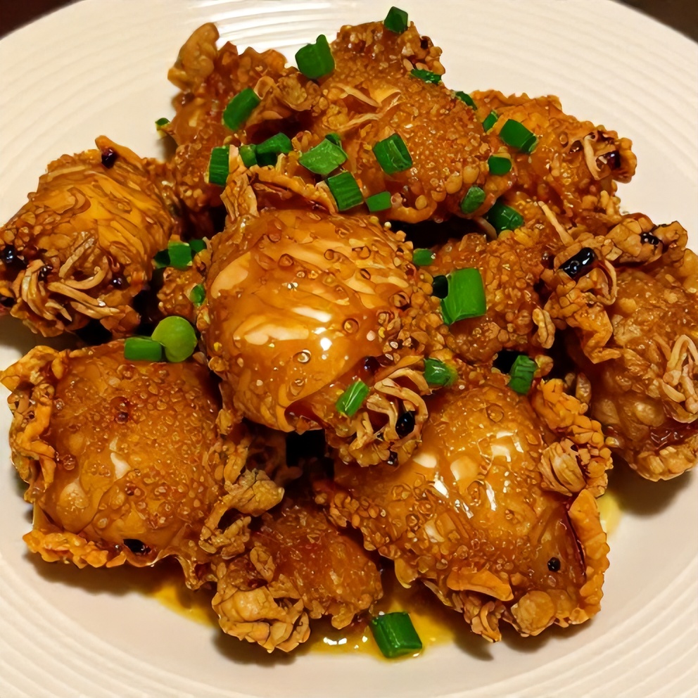 Plated Crispy Honey Garlic Chicken with green onions