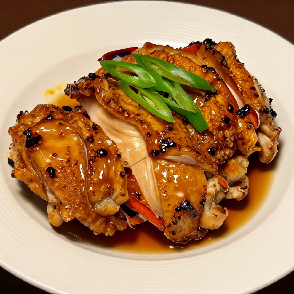 One perfect plated serving of Crispy Honey Garlic Chicken on a white plate, garnished with sliced green onions, close crop, warm side lighting showing crispy skin and glistening honey garlic sauce, photorealistic food photography.
