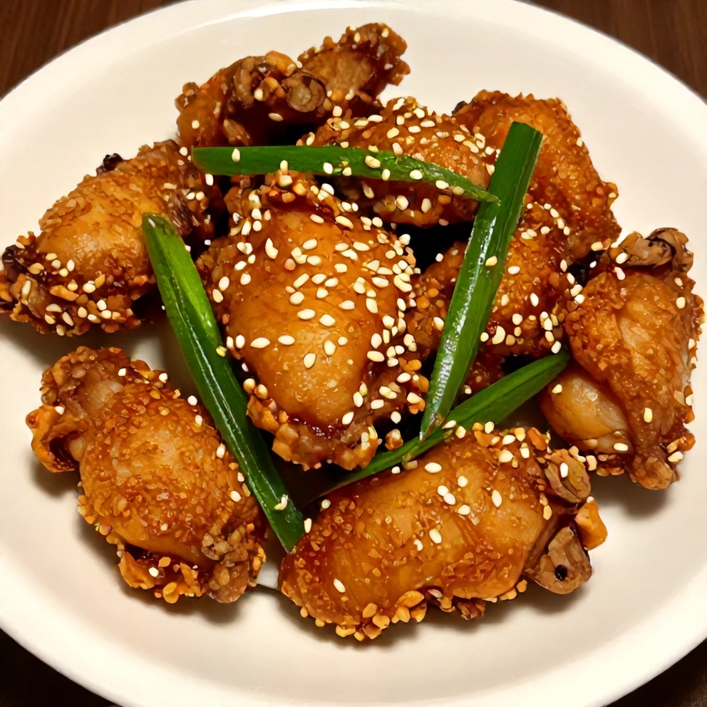 Plated Crispy Honey Garlic Chicken with garnish
