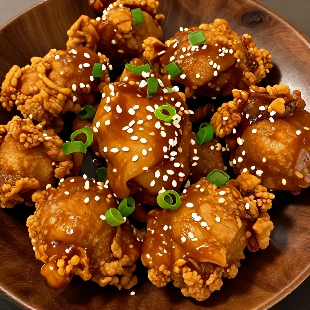 Plated Crispy Honey Garlic Chicken with green onions